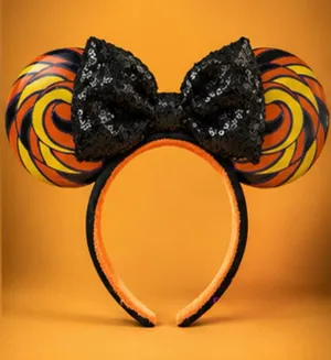 Disney Halloween Swirl Candy-theme Mickey Ears Headband with Black Sequin Bow thumbnail 1