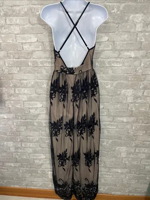 DOKOTOO Plunging V-Neck Black Floral Lace Overlay Maxi Dress in Taupe Lining thumbnail 6