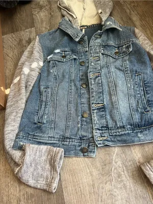 Free People | Distressed Knit Sleeve Denim Jacket S Grunge Hooded‎ Streetwear thumbnail 7