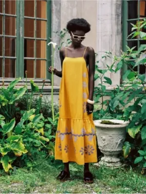Zara Yellow Floral Applique Cotton Linen Sleeveless Dress Small Limited Edition thumbnail 3
