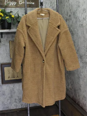 Stevie Hender Womens Long Sherpa Fleece Button Front Parka Jacket Coat Brown S thumbnail 1