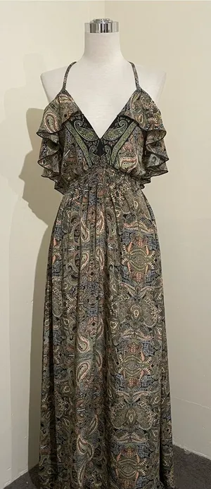 Forever 21 Olive Paisley off shoulder Ruffle Strap Maxi Dress thumbnail 1