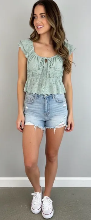 NWT URBAN Romantics Size S Light Green Eyelet Ruffle Top thumbnail 1