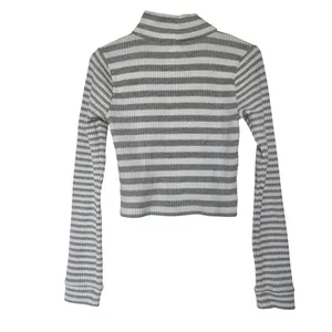 Aerie Gray Striped Long Sleeve Waffle Knit Turtleneck Pullover Crop Top Medium thumbnail 2