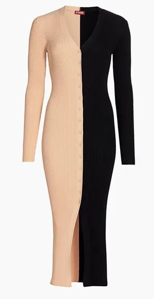 STAUD Shoko Two Tone Ribbed Button Down Midi Dress Colorblock Cream tan Black XS thumbnail 1