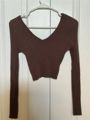 Active USA Brown Ribbed V-Neck Long Sleeve Crop Top thumbnail 2