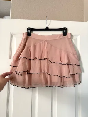 Zara Blush Pink Tiered Chiffon Ruffle Black Trim Mini Skirt thumbnail 8