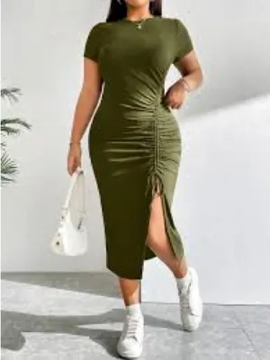 SHEIN Curve Short Sleeve Dress With Drawstring Waist, High Slit Hem Ruched 2X thumbnail 2