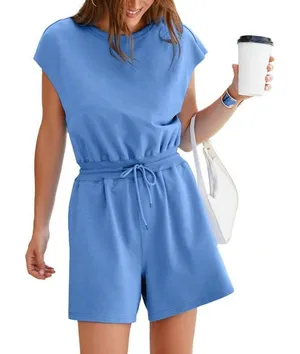 Womens Sz Small Casual Romper Light Blue Open Back Elastic Waist Tie Closure Cap thumbnail 1