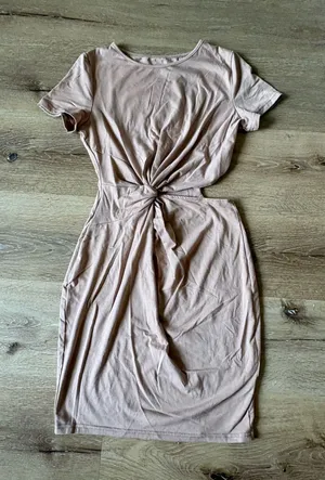 Tan Short Sleeve Knot Front Dress with Side Slit thumbnail 1