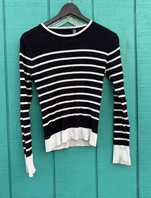 Striped Ribbed Knit Long Sleeve Top Nautical Button‎ Detail Navy White L thumbnail 1