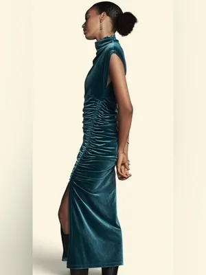 ANTHROPOLOGIE The Maya Stretch Velvet Cowl-Neck Em Teal Velvet Ruched Dress S XL thumbnail 2