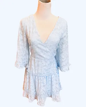 Miss Selfridge ASOS Light Blue Lace Mini Dress Lace Up Back Tiered 6 S thumbnail 3
