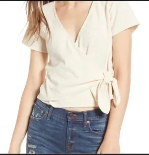 Madewell Texture & Thread 100% cotton Cream Ivory wrap top short sleeve blouse! thumbnail 1