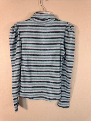 Maeve Anthropologie Blue Striped Puff Shoulder Turtleneck Sweater Womens M Top thumbnail 2