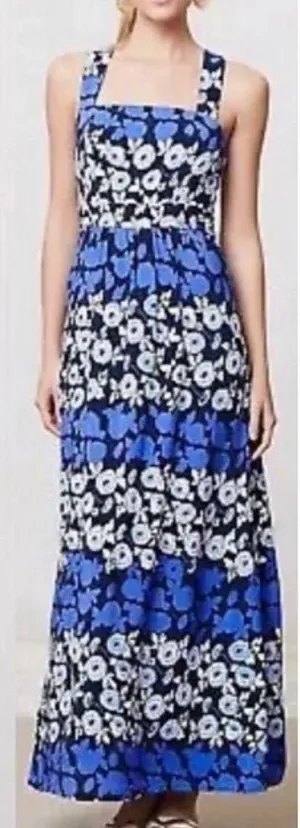 Anthropologie Maeve Criss Cross Anakena Blue Floral Print Maxi Dress Women’s 4 thumbnail 1