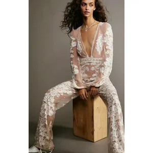 Free People For Love Lemons Temecula Jumpsuit Floral Embroidery Ivory Medium thumbnail 3