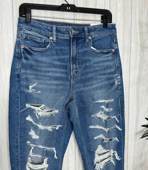 NWT American Eagle Stretch High Rise Ripped Mom Jeans Indigo Shatter 6 Short thumbnail 4