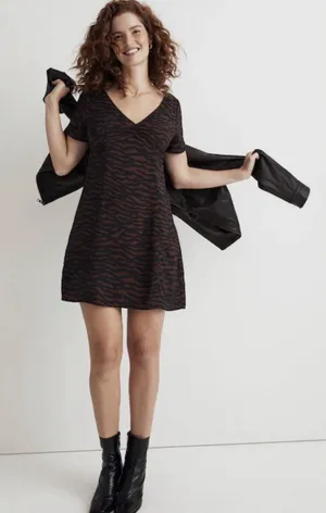 Madewell Tiger Print Mini Dress Women's V-Neck Short Sleeve Brown Black NWT thumbnail 1