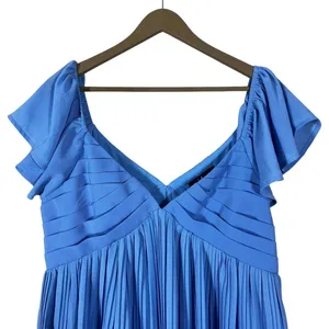 Lulus Pleated Tiered V-Neck Mini Dress Blue Flutter Sleeve Cocktail Size L thumbnail 2