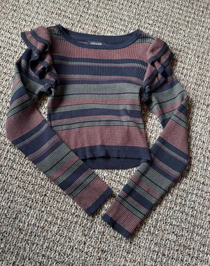 Shyanne Burgundy, navy, and green striped long sleeve with ruffled sleeves thumbnail 1
