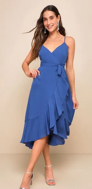NWT Lulus Manhattan Moment Blue Ruffled Midi Wrap Dress Gala Banquet Size XS thumbnail 1