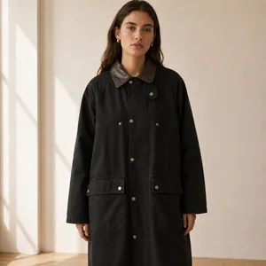 Vintage 90s Black Cotton Maxi Barn Jacket Leather Collar Oversized Small thumbnail 2