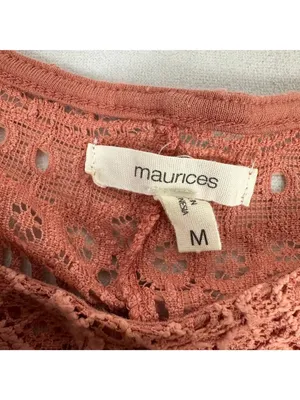 Maurices Womens M Lace Overlay Blouse Rust Short Sleeve Floral Back Slit Nylon thumbnail 3