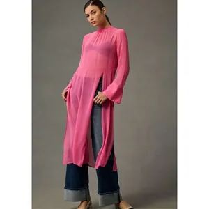 Anthropologie Long Sleeve Sheer Tunic Dress pink, Size xxs thumbnail 4