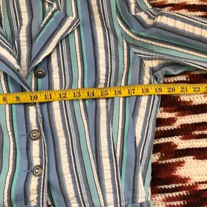 2000s Retro Blue white striped funky blazer jacket shirt top blouse button-up down long sleeve office siren core Size 12/L-Measurement in pics thumbnail 4