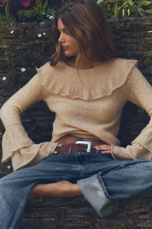 Zara Womens Beige‎ Ruffle Bell Sleeve Romantic Wool Alpaca Blend Knit Sweater L thumbnail 1