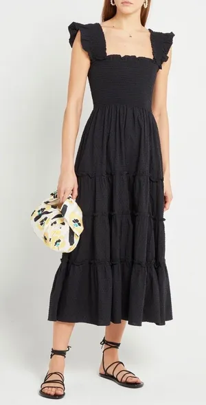 Kourt Calypso Maxi Dress Black Swiss Dot‎ Ruffle Smocked Tiered Size XL thumbnail 1