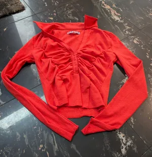 Urban Outfitters Red Rutched Long Sleeve Y2K Top Size Medium thumbnail 1
