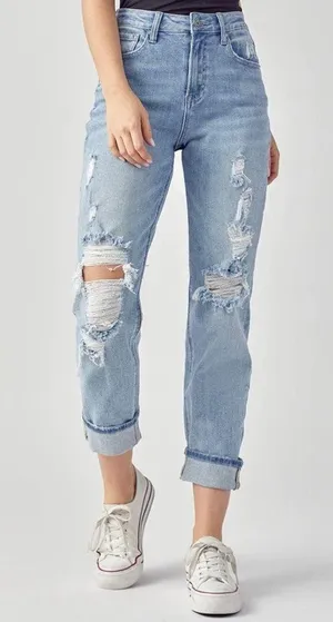 Risen NWT High Rise Distressed Boyfriend Medium Wash Jeans Size 2XL thumbnail 1