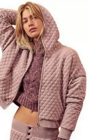 Free People Hibernation Quilted Hooded Bomber Jacket - Dusty Rose Pink thumbnail 1