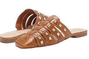 Vince Camuto Cognac Braided Leather Slide Mules with Gold Studs thumbnail 1