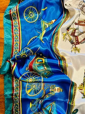VINTAGE EQUESTRIAN horse&carriage ROYAL BLUE silky SCARF 35’/35’ inches thumbnail 4