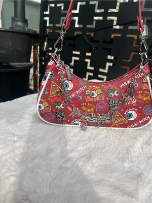 Von Dutch red Jax shoulder bag purse silver chain charms Y2K biker NWT thumbnail 2