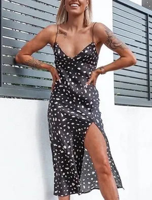 ✨HP✨Elegant Split ClassyFloralPrint MidiCamiDress✨ Black Size L thumbnail 1