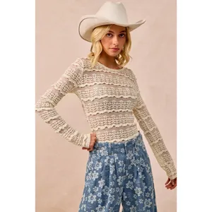 BiBi Ruffles Detail Flower Lace Top - Cream - Small thumbnail 4