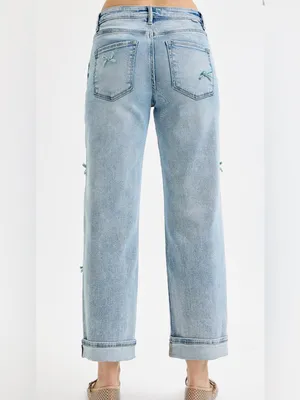 Risen Cassidy High-Rise Barrel Leg Bow Detail Cropped Blue Jeans Size 5/27 thumbnail 2