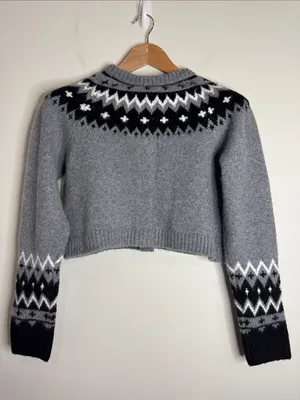Willow & Wind Grey Button-Front Cropped Cardigan Nordic Fair Isle Winter size S thumbnail 2