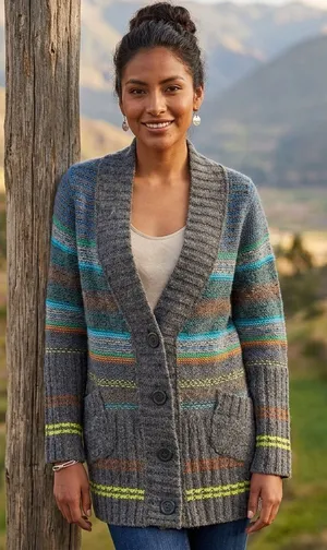Free People Gray Striped Shawl-Collar Cardigan with Teal and Lime Accents thumbnail 1