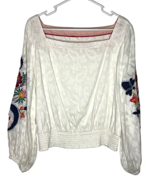 Anthropologie Floral Embroidered Puff sleeve Square Neck Blouse Top thumbnail 2