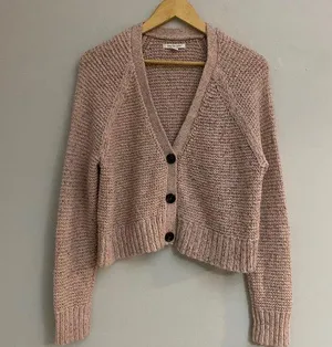 American Eagle womens rose pink cropped knit front button sweater size L thumbnail 1