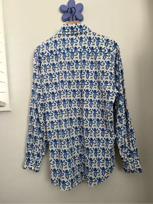 Roller Rabbit XL PJ Monkey Button Up Long Sleeve Shirt Blue Cotton Lounge White thumbnail 4