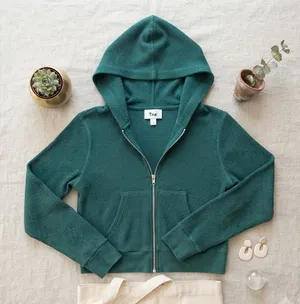 Tna Aritzia Waffle Knit Full Zip Hoodie Dark Green Cropped Thermal Sweater Small thumbnail 1
