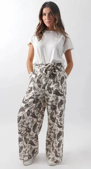 Mystree Linen Blend Wide Leg Paisley Ankle Capri Pants thumbnail 1