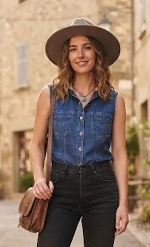 Bill Blass Jeans Womens Vintage Denim Sleeveless Western Shirt Blue Medium M thumbnail 1