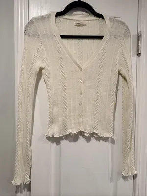 NWT Aeropostale Size XXS Ivory Pointelle Knit Cropped Stretch Lace Cardigan Y2K thumbnail 1